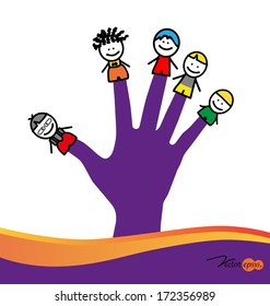 Cute happy cartoon kids on fingers. Vector illustration.