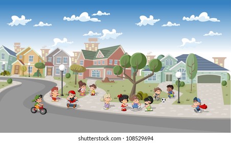 Cute Happy Cartoon Kids Playing In The Street Of A Retro Suburb Neighborhood. Cartoon City.