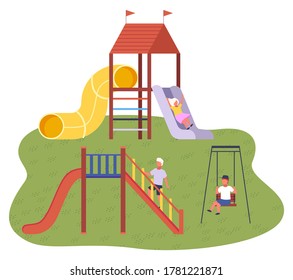 Cute happy cartoon kids playing in playground on the backyard. Children`s summer playground with slide swings and other elements of amusement park for children. Kids summer outdoor activities