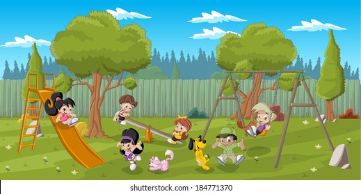 Cute happy cartoon kids playing in playground on the backyard