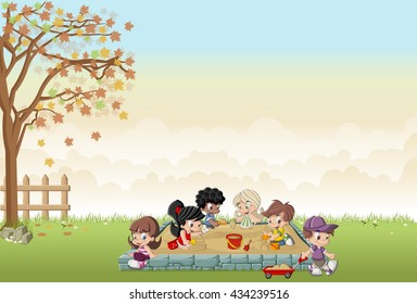 Cute happy cartoon kids playing in sandbox on the backyard