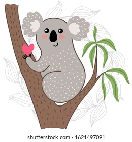 Cute happy cartoon koala with heart on eucalyptus tree on white background vector illustration