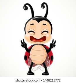 Cute happy cartoon little ladybug stand on a white background