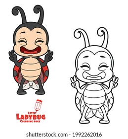 Cute happy cartoon little ladybug stand and shows victory sign color variation for coloring page isolated on white background