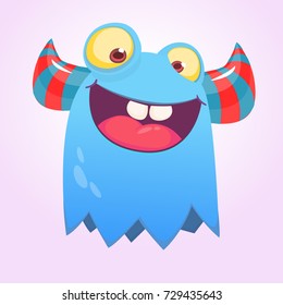 Cute happy cartoon monster  with horns. Smiling monster with big mouth. Halloween vector illustration