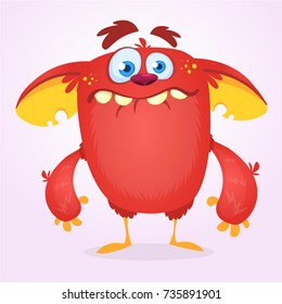 Cute happy cartoon monster. Vector illustration of red monster mascot. Design for children book, holiday decoration, stickers, logo or print