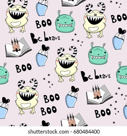 Cute happy cartoon monsters. Colored graphic vector seamless pattern