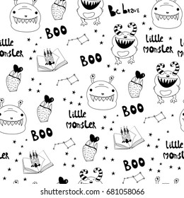 Cute happy cartoon monsters. Graphic vector seamless pattern
