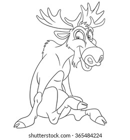 cute and happy cartoon moose or Eurasian elk with big horns, isolated on a white background