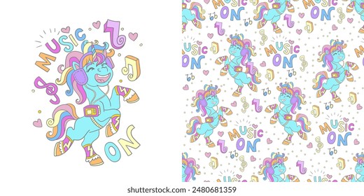 Cute happy cartoon musical unicorn with notes. Isolated character and background. Vector illustration. Card and seamless pattern with unicorn. For clothes, fabrics, print, design, decor, linen, dishes