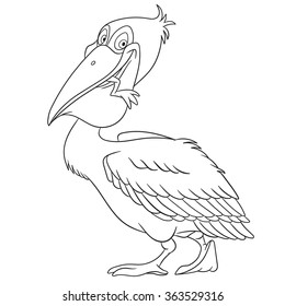cute and happy cartoon pelican catches a frog in his beak