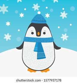 Cute happy cartoon penguin with blue warm hat and blue scarf greeting card for Merry Christmas and New Year’s celebration under snow and snowflakes vector illustration.