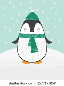Cute happy cartoon penguin greeting card for Merry Christmas and New Year’s celebration under snow vector illustration.