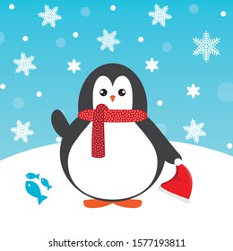 Cute happy cartoon penguin with red Santa hat and red scarf and fish greeting card for Merry Christmas and New Year’s celebration under snowflakes and snow vector illustration.
