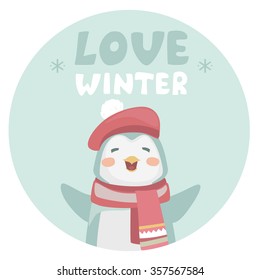 Cute happy cartoon penguin in winter funny hat. Vector illustration with text love winter