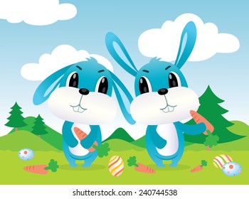 Cute happy cartoon rabbit character. Vector and illustration