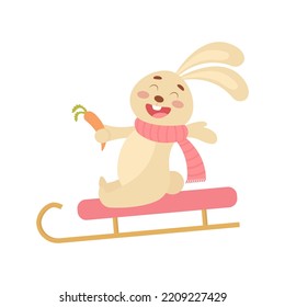 Cute happy cartoon rabbit sledding. Vector illustration isolated on white background