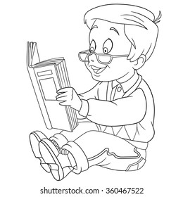 cute and happy cartoon reader boy with a book