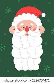 Cute happy cartoon Santa Claus with Ho! Ho! Ho! lettering on a dark green background and snow. Funny colorful greeting card.