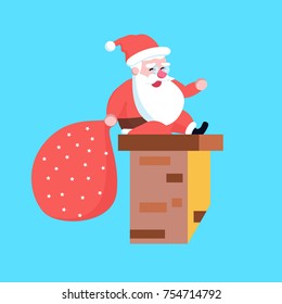 Cute happy cartoon Santa Claus sitting on chimney stuck or smoke funnel. Christmas holiday character on brick pipe. Merry Xmas theme illustration in flat design.