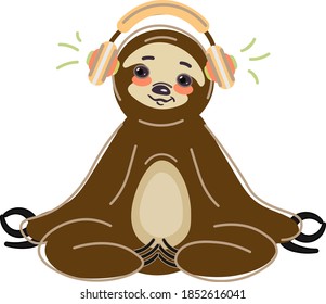 Cute happy cartoon sloth on headphones sitting in yoga pose. Vector isolated illustration on white background.