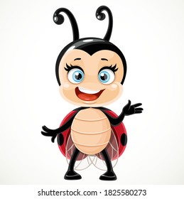 Cute happy cartoon smiling little ladybug stand on a white background