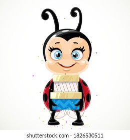 Cute happy cartoon smiling little ladybug holding gifts in festive packaging isolated on a white background 