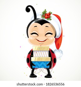 Cute happy cartoon smiling little ladybug in Santa hat holding gifts in festive packaging isolated on a white background