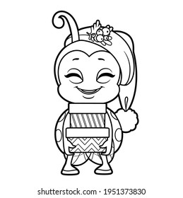 Cute happy cartoon smiling little ladybug in Santa hat holding gifts in festive packaging outline for coloring page isolated on white background