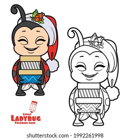 Cute happy cartoon smiling little ladybug in Santa hat holding gifts in festive packaging color variation for coloring page isolated on white background