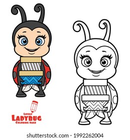 Cute happy cartoon smiling little ladybug holding gifts in festive packaging color variation for coloring page isolated on white background