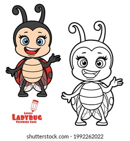 Cute happy cartoon smiling little ladybug tells something color variation for coloring page isolated on white background