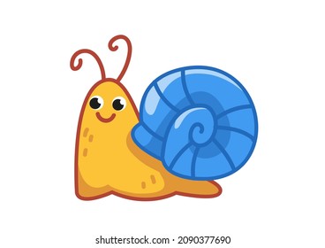 Cute happy cartoon snail with blue shell. A baby snail is crawling. Small insect in motion. Cheerful slug. Colored flat vector illustration of a cute pet isolated on white background.