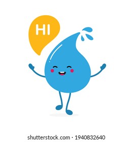 Cute happy cartoon style blue water drop character with speech bubble, talking, saying hi, hello.