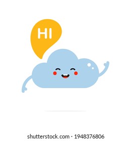 Cute happy cartoon style blue cloud character with speech bubble, talking, saying hi.