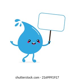Cute happy cartoon style blue water drop character holding blank banner, card.