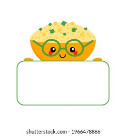 Cute happy cartoon style bowl of hummus character in glasses holding in hands blank card, banner. 