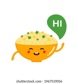 Cute happy cartoon style bowl of hummus character with speech bubble saying hi, hello.