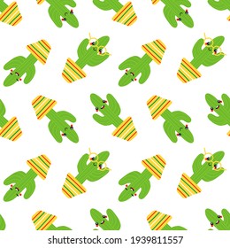 Cute happy cartoon style cactus, succulents in pot characters vector seamless pattern background.