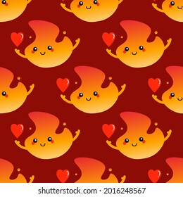 Cute happy cartoon style fire, flame character with red heart in hand vector seamless pattern background. 