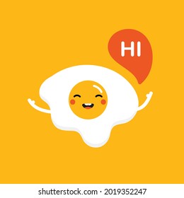 Cute and happy cartoon style fried egg character with speech bubble saying hi, hello.