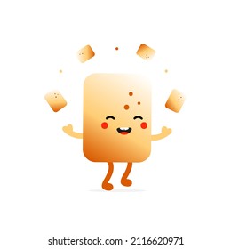 Cute and happy cartoon style golden brown toasted marshmallow character jumping and juggling little marshmallows.