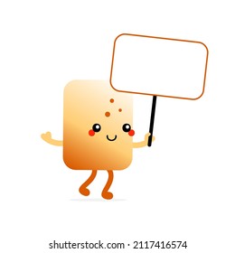 Cute and happy cartoon style golden brown toasted marshmallow character holding in hand sign, card, banner.
