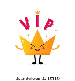 Cute happy cartoon style golden crown character with VIP letters above his head and confetti.
