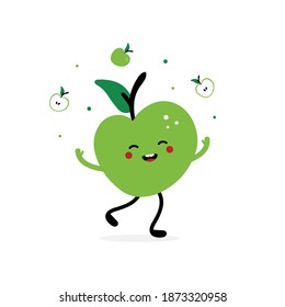 Cute and happy cartoon style green apple character throwing confetti and apples in the air. Harvest concept illustration.
