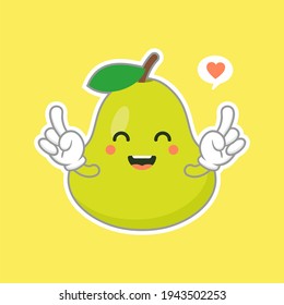 cute and happy cartoon style green pear characters for healthy food, vegan and cooking design. kawaii pear fruit with funny expression