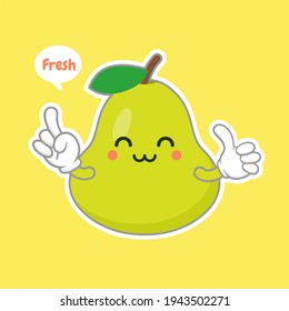 cute and happy cartoon style green pear characters for healthy food, vegan and cooking design. kawaii pear fruit with funny expression