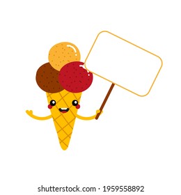 Cute happy cartoon style ice cream cone character with sign, card, banner in hand.