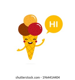 Cute and happy cartoon style ice cream cone character with speech bubble saying hi, hello.