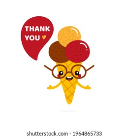 Cute and happy cartoon style ice cream cone character with speech bubble saying thank you, showing appreciation, gratitude.
